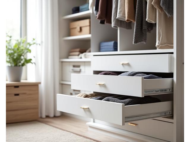 Neatly organized closet with stackable clear drawers for clothing and accessories.