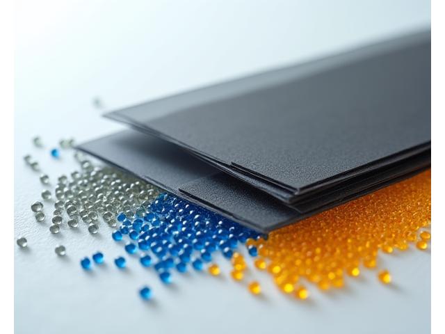 Stack of colorful, translucent recycled plastic sheets or pellets, symbolizing innovation in repurposing materials.