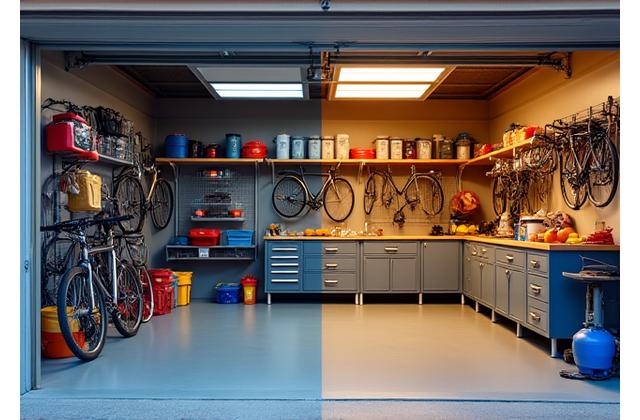 Side-by-side comparison of a residential garage before and after a storage system installation