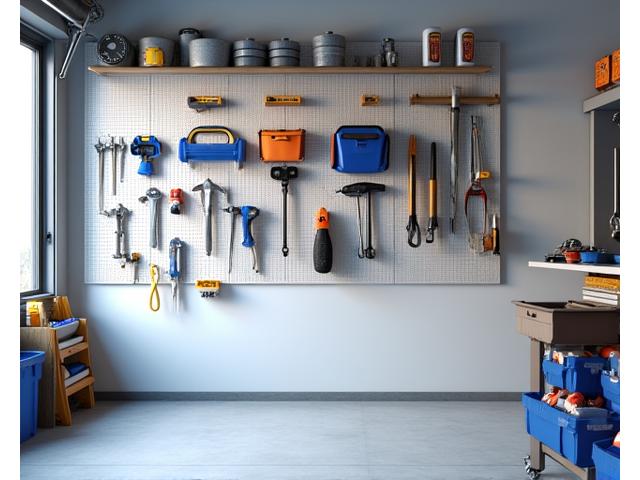 Wall-mounted garage panels with hanging tools and accessories