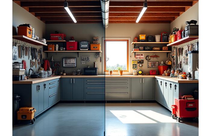 Before and after comparison of a messy garage transformed into an organized one with ModularStore systems