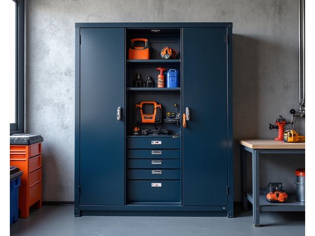 Wall-mounted secure metal cabinet with reinforced doors and a robust locking bar, filled with neatly organized tools.
